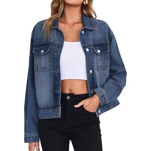Classic  Dark Blue Denim Jacket Casual Chic Look Stylish Cropped Short For Women